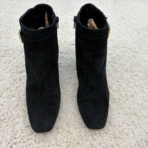 Kate Spade Women’s Black Leather Suede Ankle Boots Gold Buckle 3” Heel Size 8.5